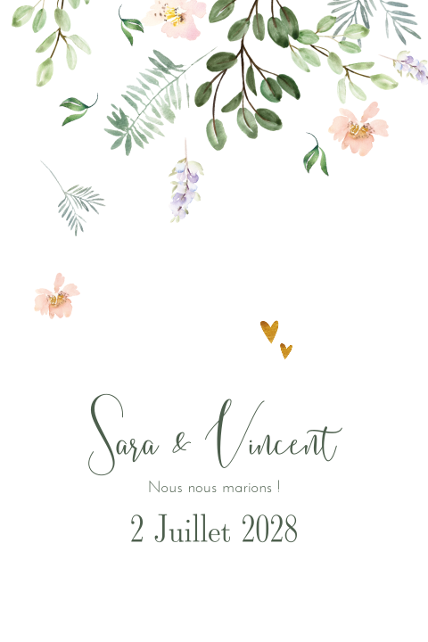 Faire-part doux avec beaucoup de fleurs et de cœurs