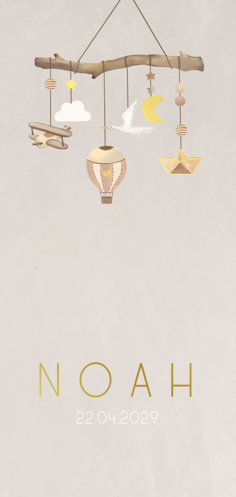 Faire-part de naissance beige avec mobile et dorure
