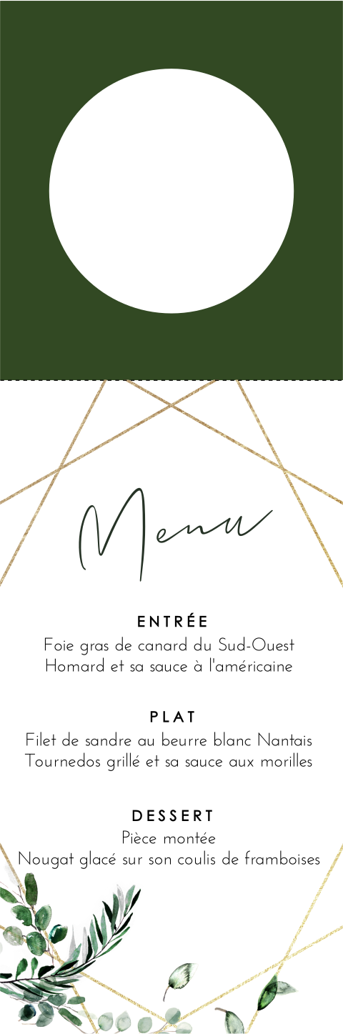 Collerette menu avec géometrie et feuilles d'eucalyptus