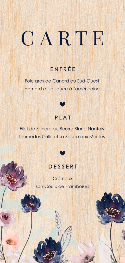 Élégant menu en bois avec des fleurs aquarelles
