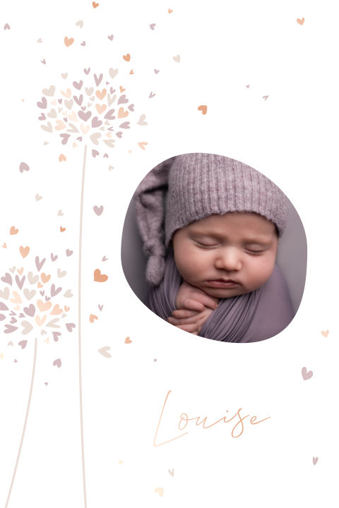Faire-part de naissance avec photos, fleurs et petits coeurs