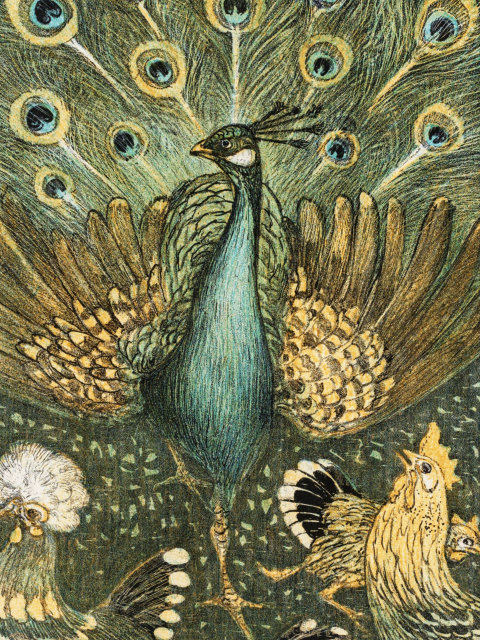 Affiche de paon avec des amis poules de Theo van Hoytema