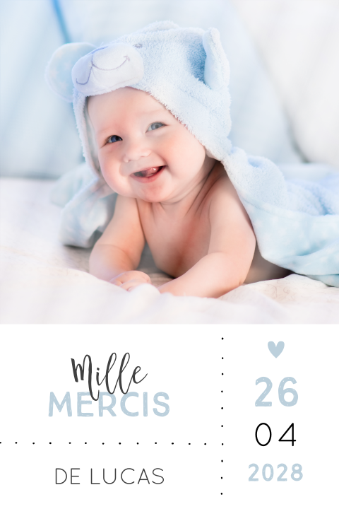 Carte de remerciement de baptême avec photo et textes en noir et bleu