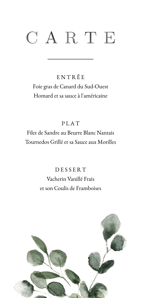 Carte de menu avec une branche d'eucalyptus et des coins arrondis