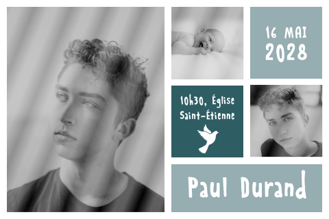 Faire-part de confirmation bleu avec trois photos et colombe