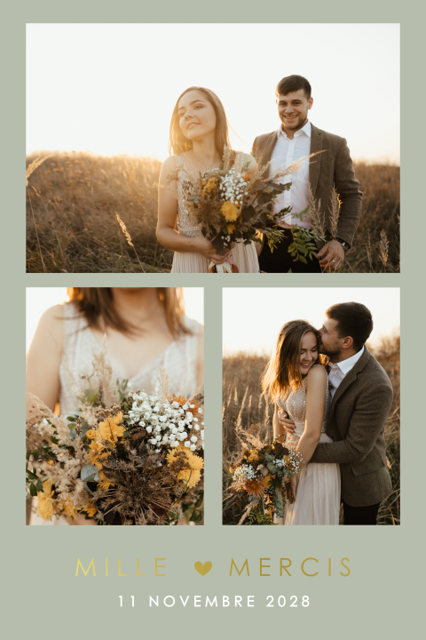 Carte de remerciement discrète avec photos et dorure