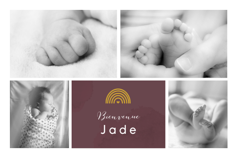 Faire-part de naissance avec photos de bébé, arc-en-ciel et coeur
