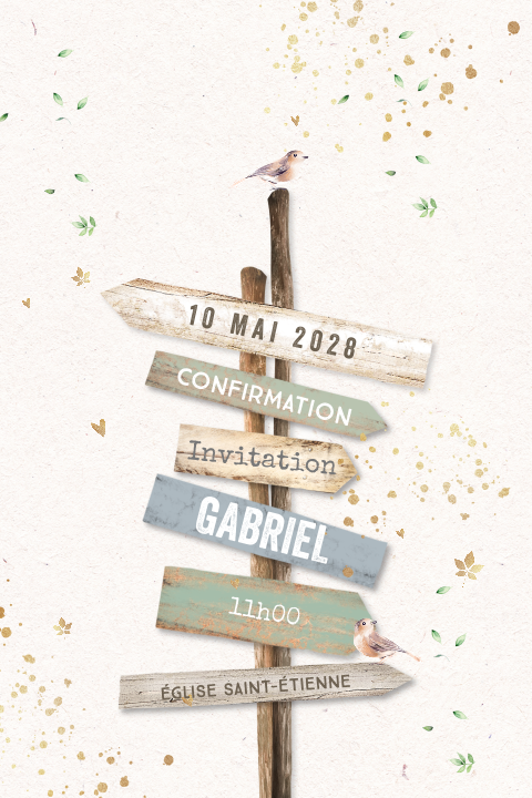 Faire-part de confirmation avec panneau indicateur en bleu et vert