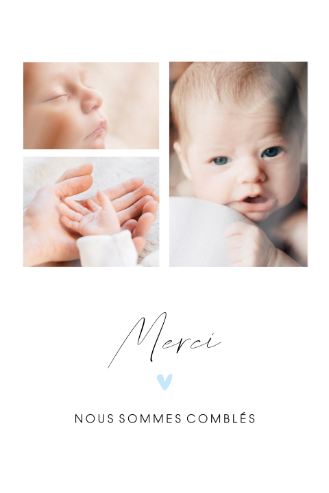 Jolie carte de remerciement avec des photos et cœur bleu