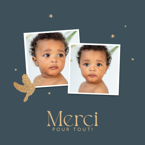 Carte de remerciement de baptême avec photos sur fond bleu et colombe