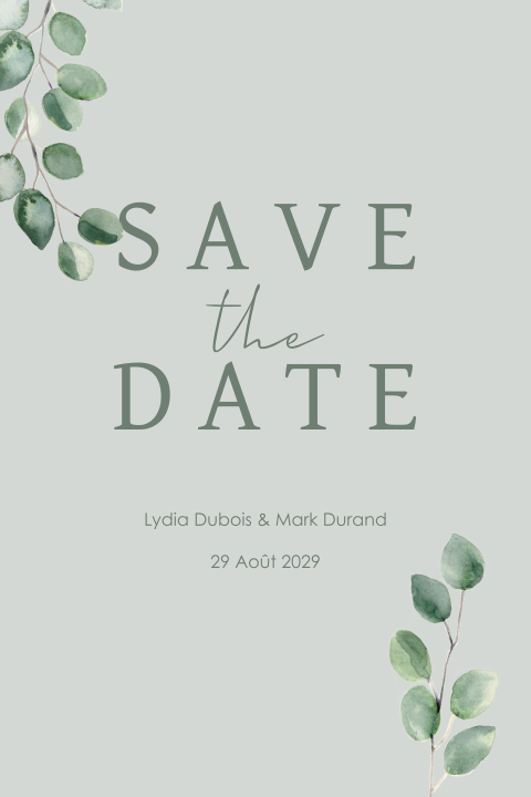 Save the date avec des branches d'eucalyptus et un fond vert