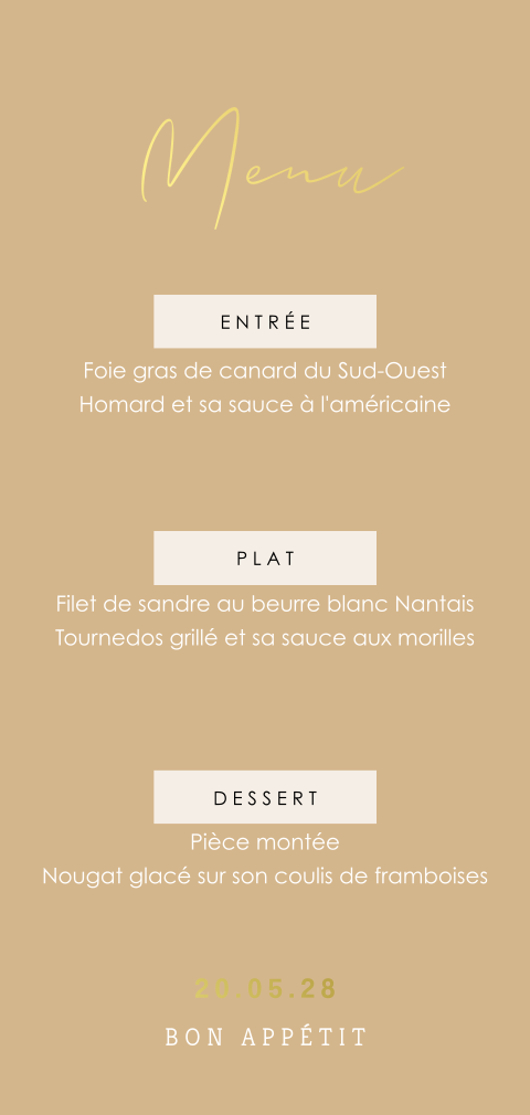 Menu simple et élégant dans les tons sable avec des coins arrondis