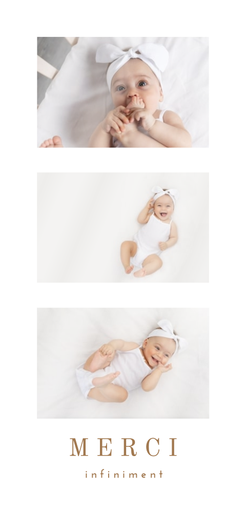 Carte de remerciement avec trois photos et texte beige