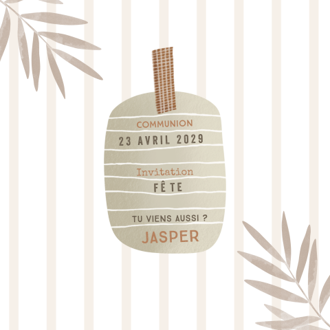 Faire-part communion original avec rayures et feuillages