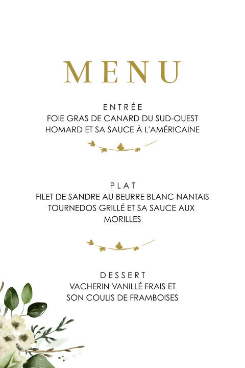 Carte de menu avec des fleurs romantiques et les initiates des mariés