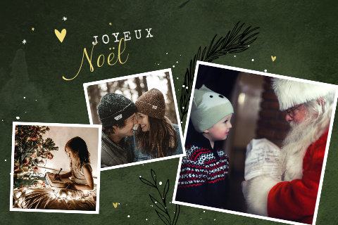 Carte de Noël jolie avec des photos et dorures sur fond vert foncé