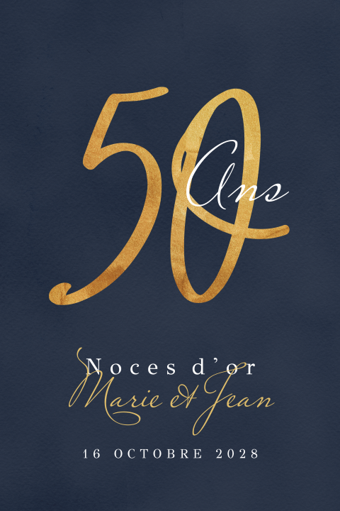 Invitation noces d;or avec fond bleu foncé, dorure et photo