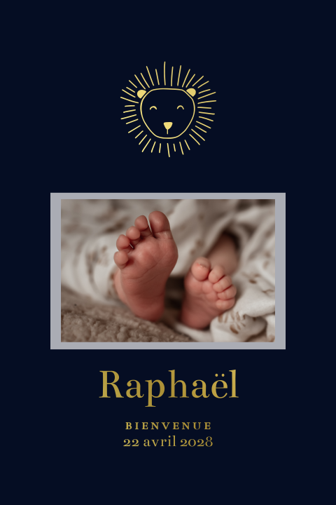 Faire-part de naissance avec lion doré et photo