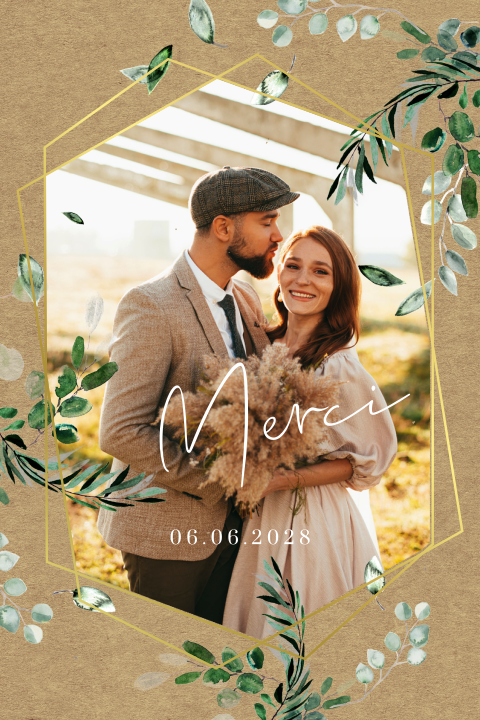 Carte de remerciement aspect kraft avec eucalyptus et détails dorés