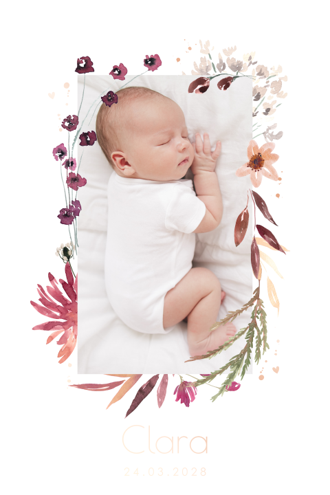Faire-part de naissance floral avec photo dans un cadre fleuri