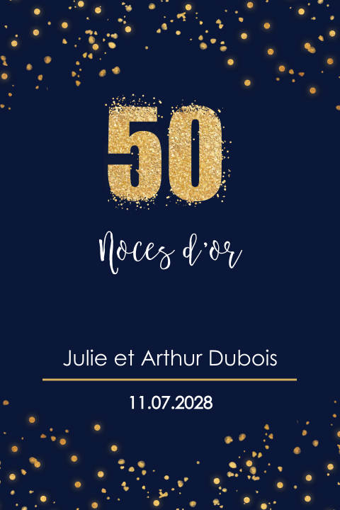 Invitation noces d'or avec fond bleu nuit et détails jaune-or