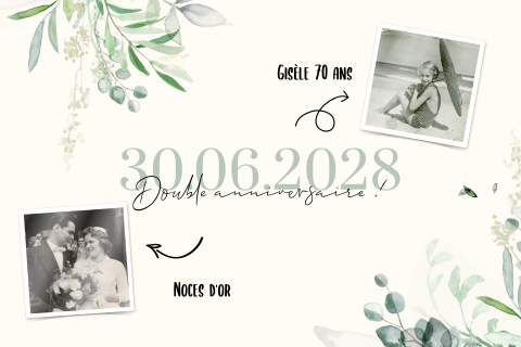 Carte d'invitation tendance à une double fête avec des feuillages