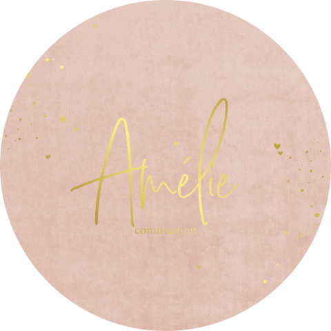 Faire-part communion fond rose, motif coeurs et pois, dorure