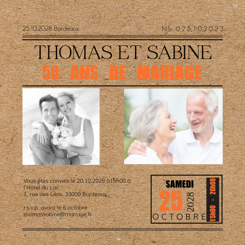 Invitation anniversaire mariage avec photos et aspect papier kraft
