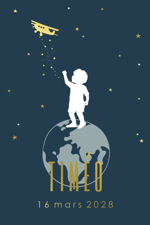 Faire-part de naissance avec garçon sur planète et dorures