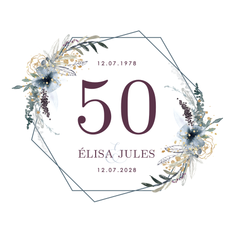 Invitation anniversaire mariage avec décoration florale sur hexagone