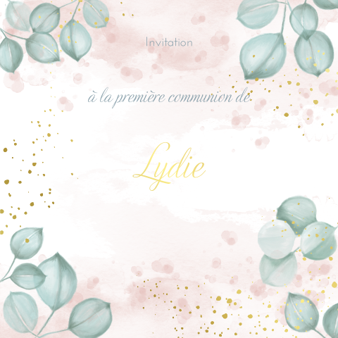 Faire-part de communion avec dorures et feuilles sur fond rose