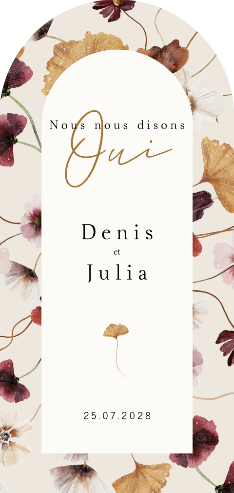 Carte de mariage florale en forme de demi-arc.