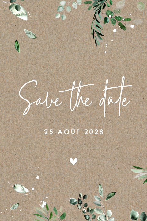 Save the date avec des feuilles d'eucalyptus en papier kraft
