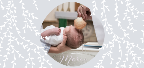 Carte de remerciement baptême avec photo et merci en holographie