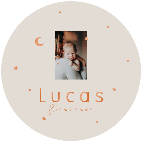 Faire-part de naissance rond avec lune et étoiles en vernis orangé