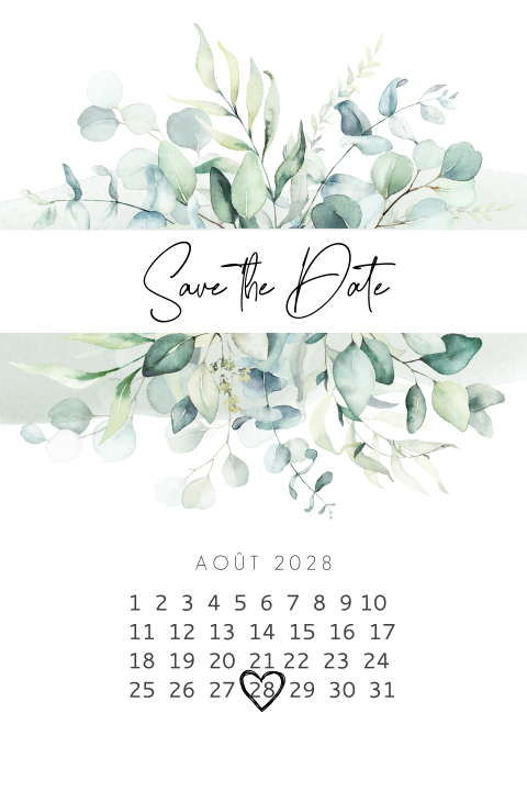 Save the date avec des cœurs et des feuilles d'eucalyptus