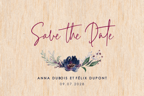 Save the date élégante avec fleurs à l'aquarelle sur bois