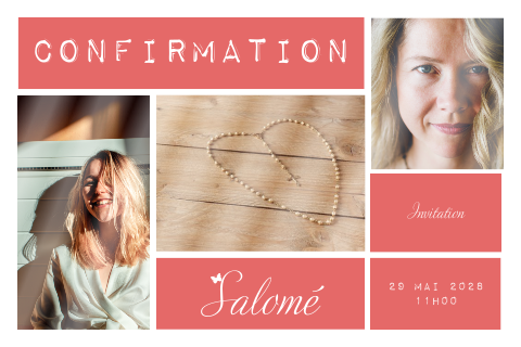 Faire-part de confirmation avec collage de photos et accents rouges