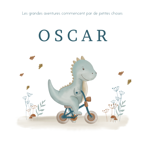 Faire-part de naissance avec dino sur un vélo et couleurs automnales