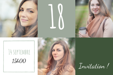 Carte d'invitation pour les 18 ans avec des photos et carrés verts
