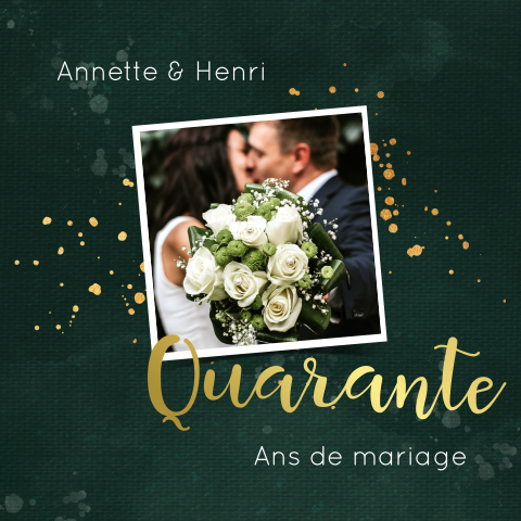 Invitation carrée noces d'emeraude avec fond vert et détails dorés