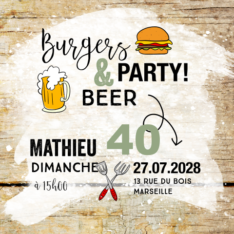Carte d'invitation originale pour une fête "burgers & beer"