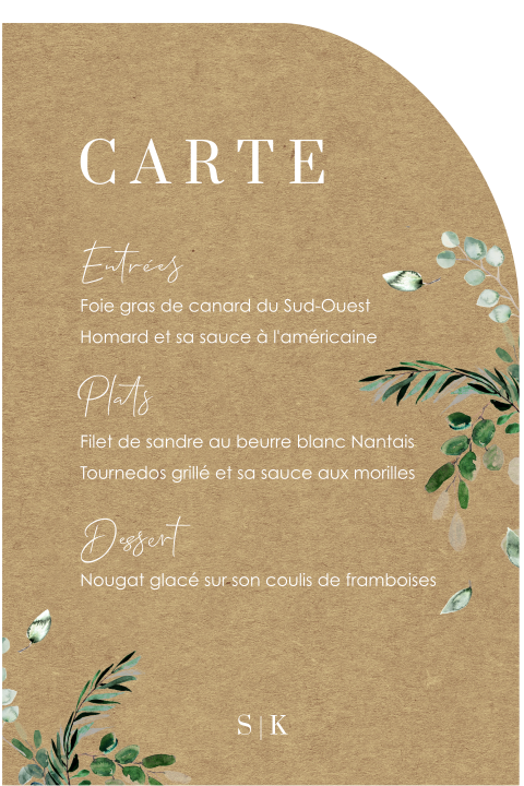 Menu avec forme originale et feuilles d'eucalyptus