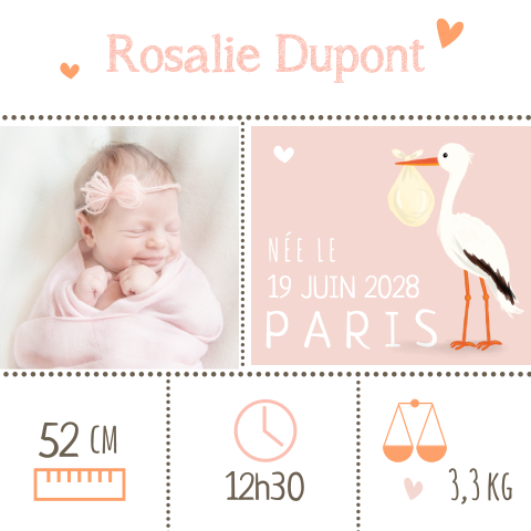 Faire-part de naissance avec une photo et une cigogne