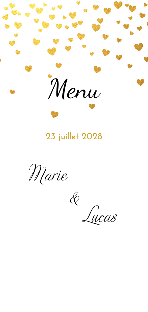 Menu romantique avec une pluie de cœurs dorés