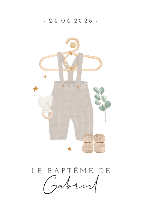 Faire-part de baptême avec habits d'enfant et étoiles