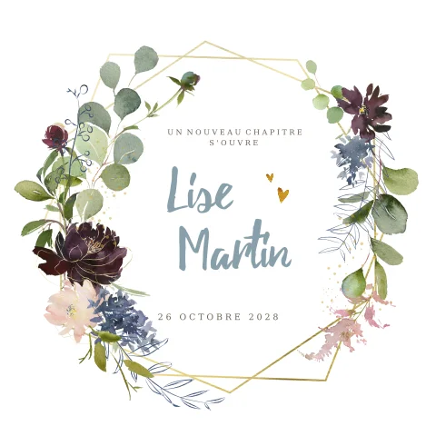 Faire-part de mariage avec un design géométrique et des fleurs