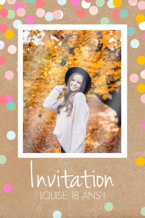 Carte d'invitation d'anniversaire avec une photo et des confettis