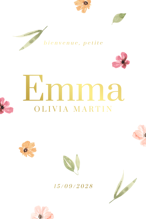 Faire-part de naissance doux et minimaliste avec fleurs et dorures