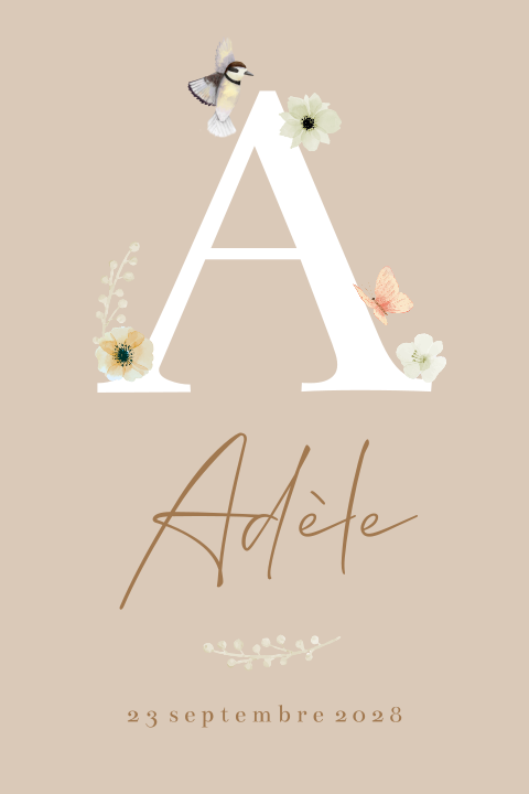 Faire-part de naissance avec initiale, fleurs et papillons